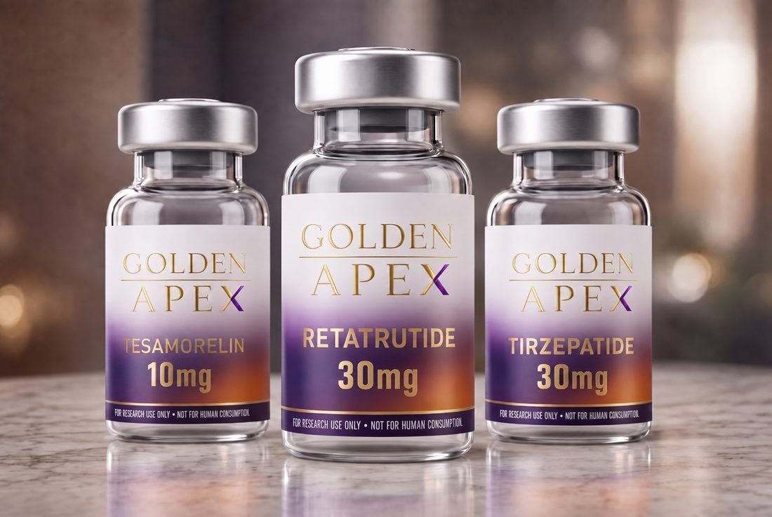 Three Golden Apex research peptide vials — Tesamorelin, Retatrutide, and Tirzepatide