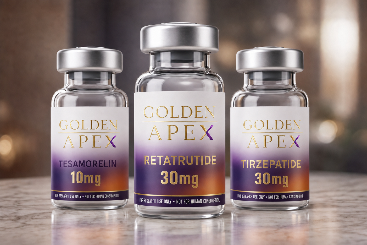 Three Golden Apex research peptide vials — Tesamorelin, Retatrutide, and Tirzepatide